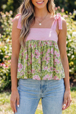 Green Floral Printed Knot Straps Babydoll Tank Top LC25613935-P10920