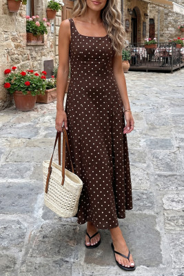 Brown Polka Dot Print Square Neck Sleeveless Vacation Long Dress LC6128717-P1720