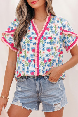 Rose Floral Print Ruffle V-Neck Short Sleeve Loose Tunic Shirt LC2557755-P620