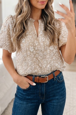 Beige Floral Textured Jacquard Puff Sleeve Blouse LC25137090-P15