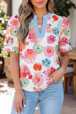 Beige Floral Print Short Puff Sleeve Striped Trim V Neck Blouse LC25137568-P1520