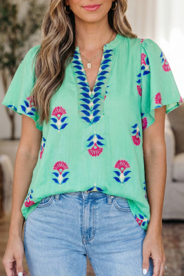 Green Floral V Neck Flutter Sleeve Blouse LC25137271-P920