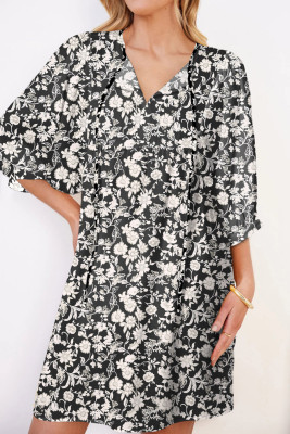 Black Floral Tie V Neck Quarter Sleeve Flowy Mini Dress LC6118622-P10220