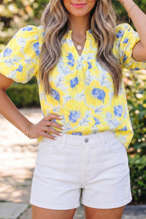 Yellow Short Bubble Sleeve Summer Floral Blouse LC25136856-P722