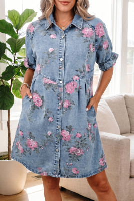 Sky Blue Floral Print Denim Short Sleeve Button Down Dress LC7861322-P420