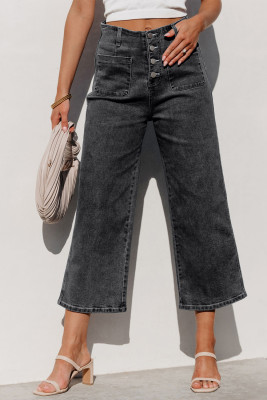 Gray High Waist Button Front Wide Leg Cropped Jeans LC7873351-11