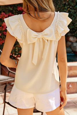 Apricot Solid Color Bow Detail Back Ruffled Sleeveless Top LC25613567-P18
