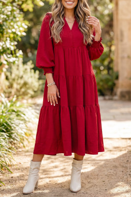 Racing Red Long Sleeve Ruffle Neck Dress Casual Shift Silhouette Daily Wear LC6129970-P603