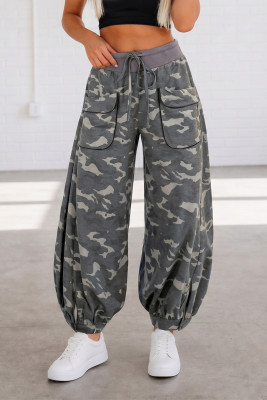 Multicolour Drawstring Contrast Waistband Camouflage Cargo Barrel Pants LC7714549-P22