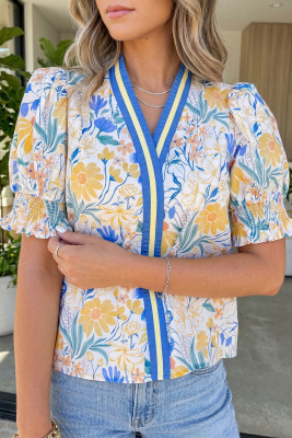 Yellow Floral Print Striped Trim V Neck Puff Sleeve Blouse LC25137498-P720