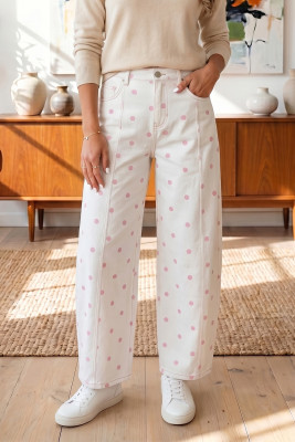 Pink Polka Dot Print Seam Detail Barrel Jeans LC7876771-P1020