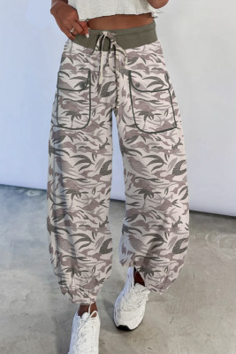 Khaki Drawstring Contrast Waistband Camouflage Cargo Barrel Pants LC7714549-P1622