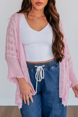 Pink Hollowed Pattern Knit Drop Shoulder Open Sweater Cardigan LC2712993-P10