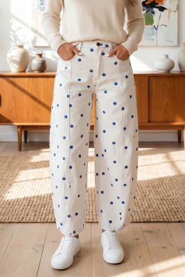 Blue Polka Dot Print Seam Detail Barrel Jeans LC7876771-P520