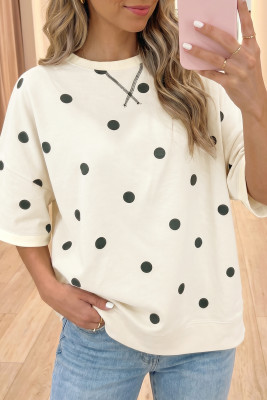Beige Polka Dot Print Crossed Seam Detail Oversize Tee LC25231777-P1520