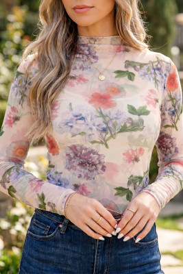 Apricot Floral Mesh Thumbhole Long Sleeve Slim Top LC25138048-P1820