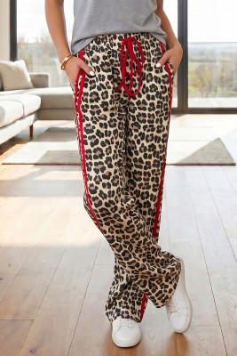Red Contrast Detail Tie Waist Leopard Print Casual Pants LC7714660-P10320