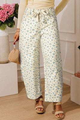 Beige Grommet Knot Waist Floral Barrel Leg Jeans LC7876909-P1520