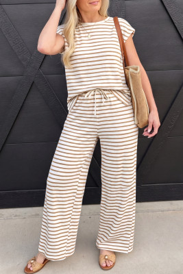 Khaki Stripe Cap Sleeve Tee Drawstring Shift Pants 2pcs Outfit LC629358-P1619