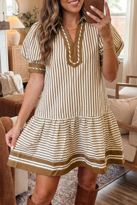 Brown Stripe Shirt Collar Color Block Patchwork Trim Ruffle Hem Short Dress LC6127078-P1719