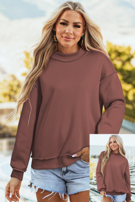 Coffee Oversize Drop Shoulder Reversible Mock Neck Sweatshirt LC25320997-P1017
