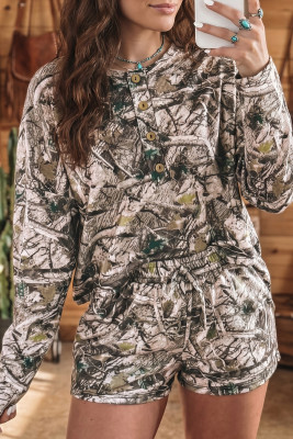 Brown Camo Long Sleeve Top Elastic Waist Shorts Two Piece Set LC629611-P1720