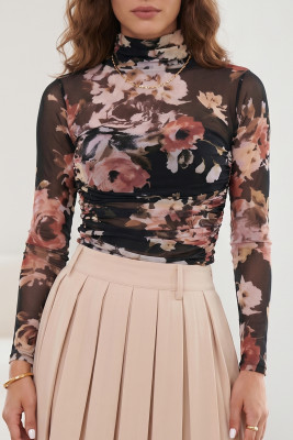 Brown Floral Mesh Long Sleeve High Neck Bodysuit LC6422135-P1720