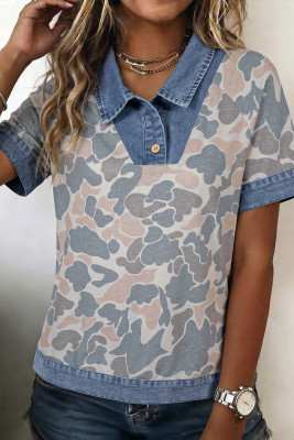 Multicolour Camouflage Print Denim Patchwork Polo Collar Tee LC25137361-P22