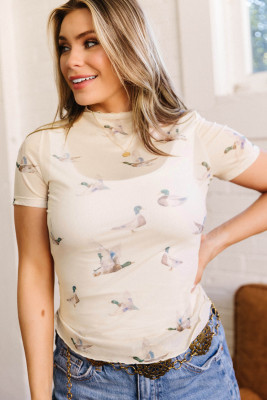 Beige Mallard Sheer Mesh Short Sleeve Top LC25137746-P1520