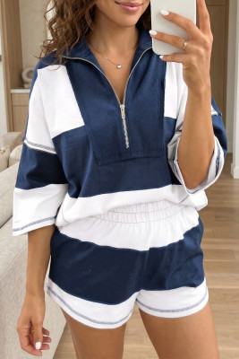 Prussian Blue Exposed Seam Detail Half Sleeve Top Elastic Waist Shorts 2pcs Set LC629175-P505