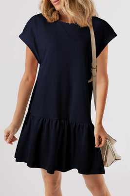 Navy Blue Solid Color Cap Sleeve Ruffle Hem Casual Short Dress LC6125484-P605