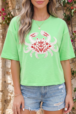Bright Green Crab Embroidered Patch Loose Round Neck Tee LC25231734-P109
