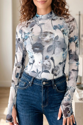 Sky Blue Floral Mesh High Neck Long Sleeve Sheath Top LC25232091-P420