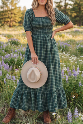 Green Plaid Square Neck Shirred High Waist Ruffle Hem Dress LC6129974-P922