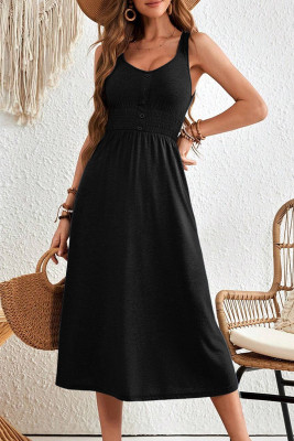 Black Button Shirred High Waist Sleeveless Midi Dress LC6122274-P2