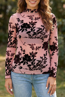 Gossamer Pink Retro Floral Print Mesh Long Sleeve Pullover Blouse LC25138209-P1710