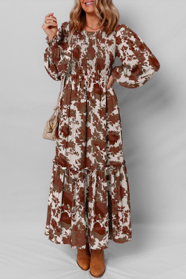 Chestnut Floral Puff Sleeve Smocked Bodice Ruffled Long Dress LC6125650-P2017