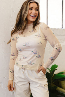 Beige High Neck Western Print Mesh Sheer Long Sleeve Top LC25137895-P1520