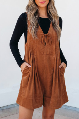Cinnamon Solid Color Tie V Neck Sleeveless Corduroy Romper LC6414927-P1317