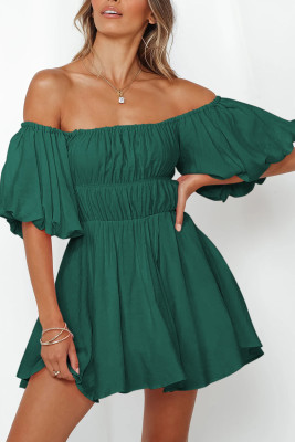 Green-2 Solid Color Shirred Bubble Sleeve Off Shoulder Babydoll Dress LC6113331-109