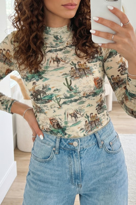 Green Western Print Long Sleeve Round Neck Slim Top LC25232152-P920