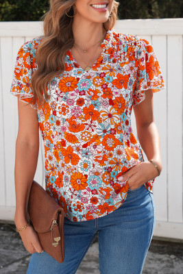Orange Floral Print V Neck Pleated Ruffle Short Sleeve Blouse LC25126347-P1420