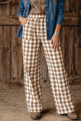 Brown Gingham Plaid Tie Elastic Waist Shift Pants LC7714606-P1720