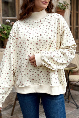 Beige Ribbed High Neck Patchwork Floral Print Baggy Pullover Sweatshirt LC25321597-P1520