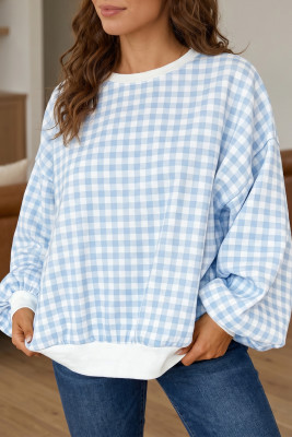 Light Blue Plaid Round Neck Long Sleeve Sweatshirt LC25321864-P422