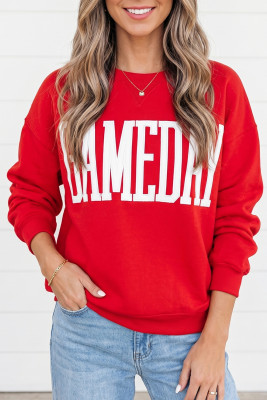 Fiery Red GAMEDAY Embroidered Patch Pattern Casual Shift Sweatshirt LC25321613-P3