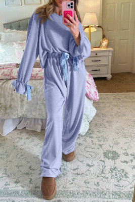 Beau Blue Flounce Long Sleeve Top Drawstring Pants Contrast Velvet Bow Knot 2pcs Lounge Set LC151738-P804