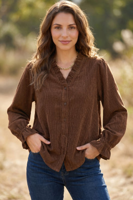 Coffee Solid Color Ruffle Trim V Neck Long Sleeve Button Corduroy Shakcet LC2557672-P1017