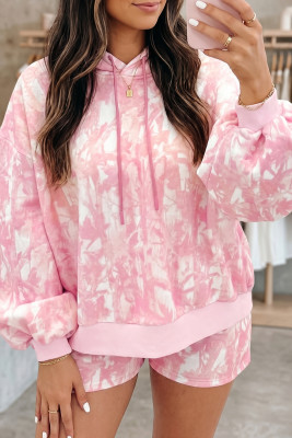 Pink Abstract Print Loose Hoodie Slim Shorts 2pcs Set LC629608-P1020