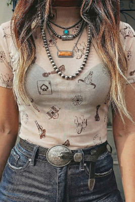 Oatmeal Western Printed Mesh Short Sleeve Top LC25136182-P1015